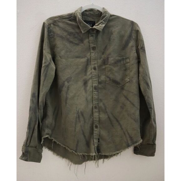 Rails 702-725-2911 Women Sz S Olive Black Tie Dye Ingrid Raw Hem Button-Up Shirt - Picture 1 of 8